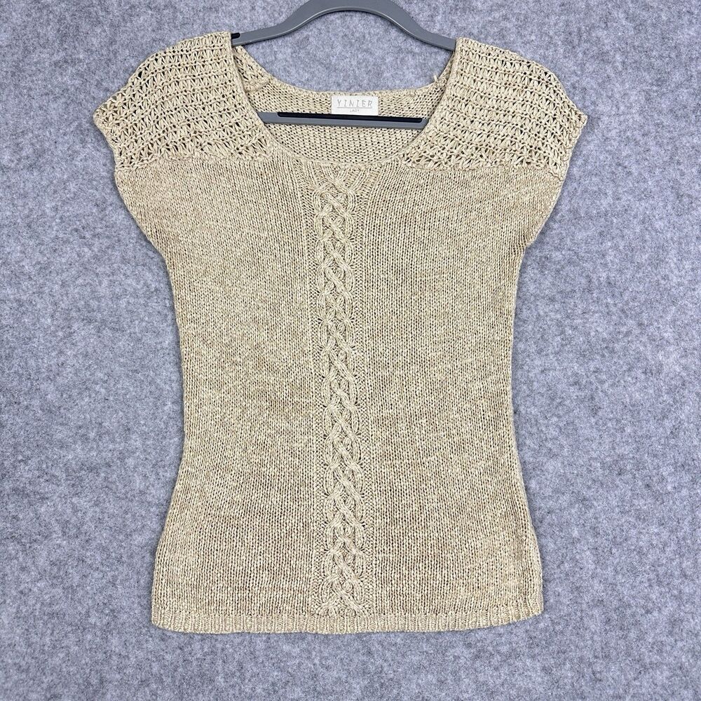 Vintage Yinier Lady Silk Crochet Sweater Top Womens XS Tan Coastal Grandma Boho*